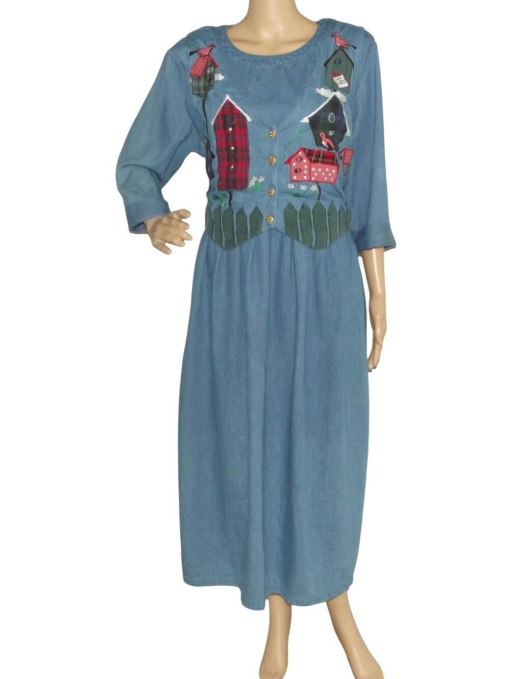 Country Wear Dress Womens 18W Blue Denim embroidered vest Jean Midi birds house